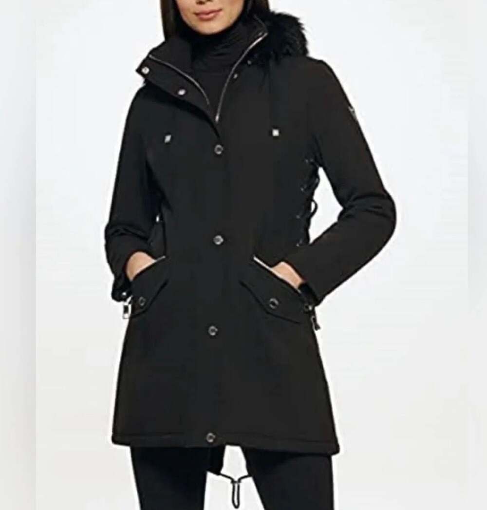 GUESS Women's Black Softshell Hooded Parka Jacket with Corset Side Detail